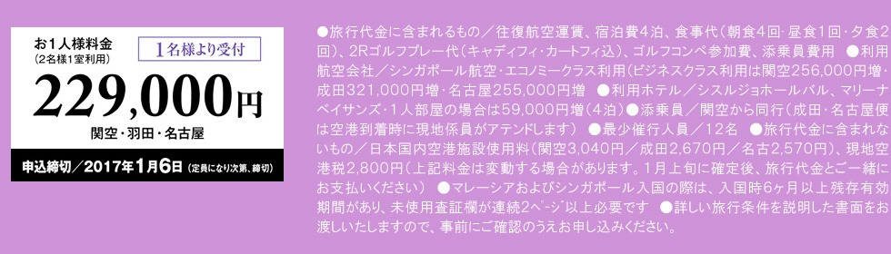 お1人様料金（2名様1室利用）　２２９，０００円　申込締切／2017年1月6日（定員になり次第締切）